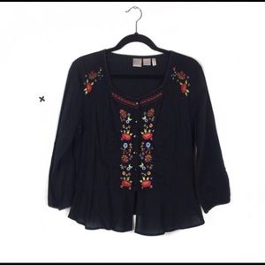 Black Boho Embroidered Peasant Top Petite Large